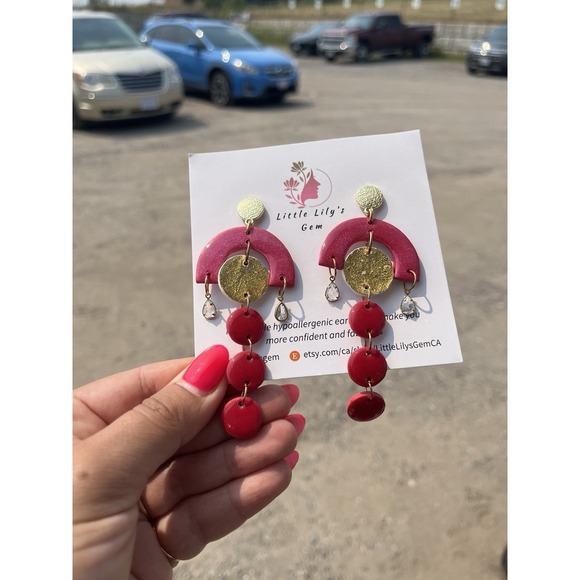 Handmade  Red And gold  Polymer Clay   Dangle Earrings - Picture 6 of 9